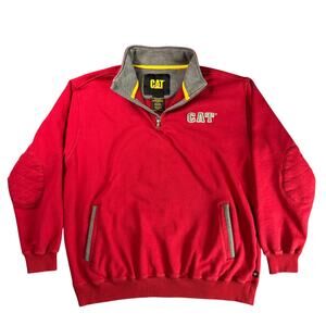 CAT Caterpillar Men L Quarter Zip Sweatshirt Red Workwear Quilted Elbow Pullover